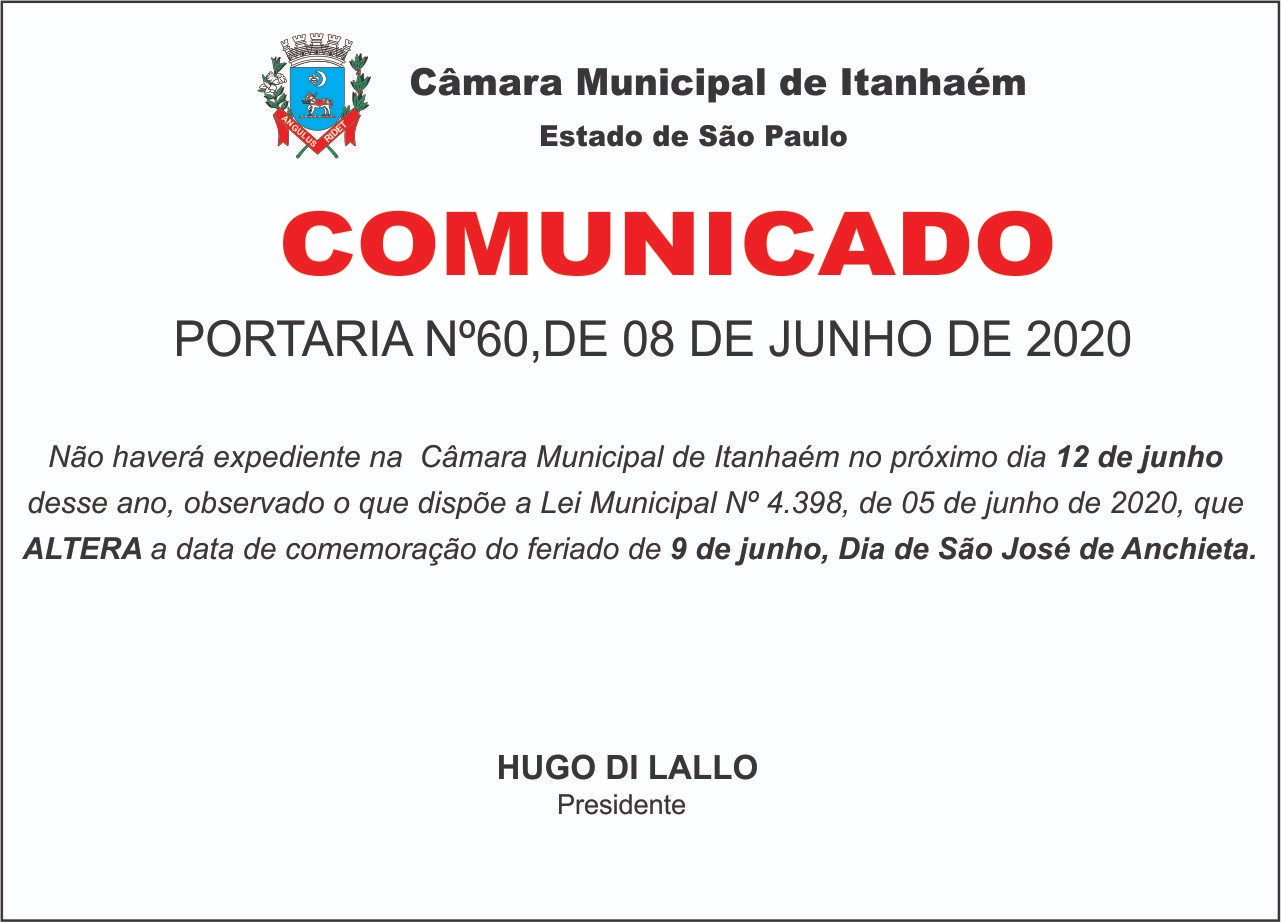 Imagem da notícia: PORTARIA Nº60, DE 08 DE JUNHO DE 2020