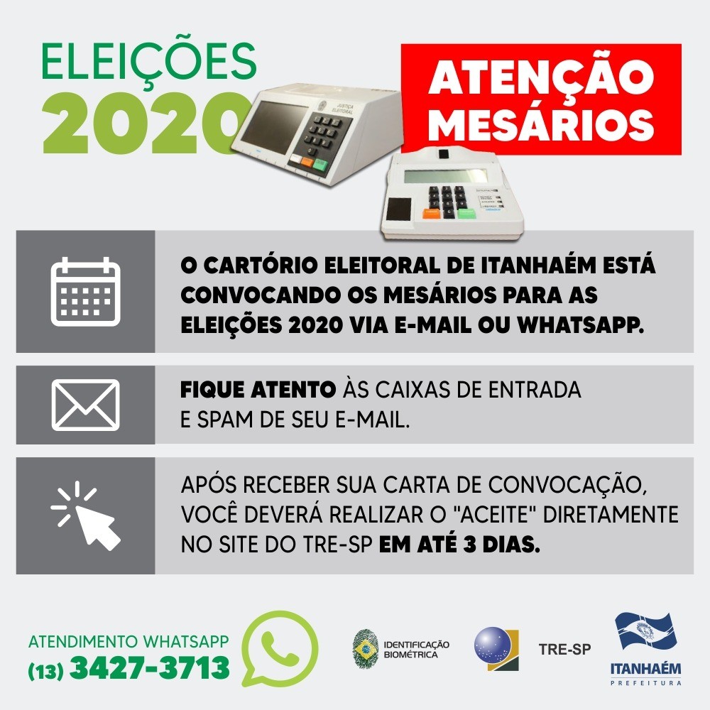 Imagem da notícia: Mesários são convocados por e-mail e WhatsApp pelos cartórios eleitorais