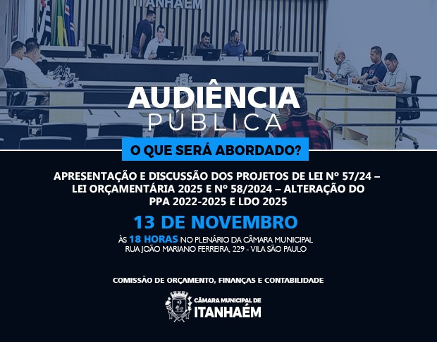 Imagem da notícia: Audiência Pública - 13 de novembro de 2024, às 18 horas.