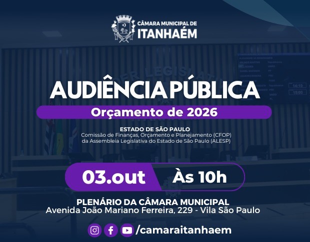 Imagem principal da notícia Câmara Municipal sediará audiência pública da ALESP sobre Orçamento de 2026