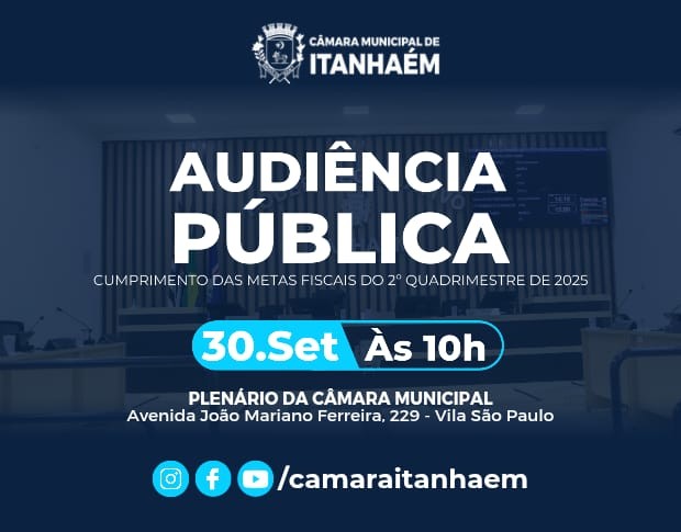 Imagem da notícia: Câmara Municipal sediará audiência pública sobre metas fiscais do 2º quadrimestre de 2025